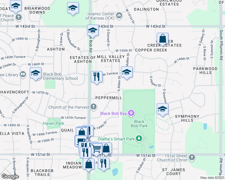 map of restaurants, bars, coffee shops, grocery stores, and more near 14830 West 147th Street in Olathe