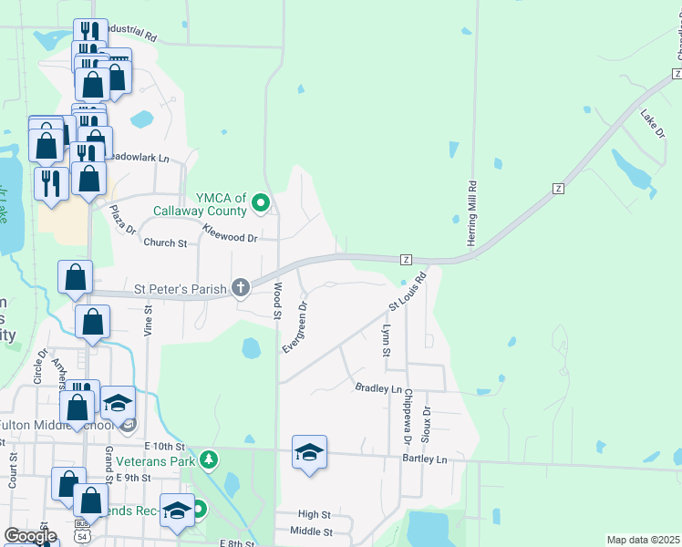 map of restaurants, bars, coffee shops, grocery stores, and more near 825 Evergreen Drive in Fulton