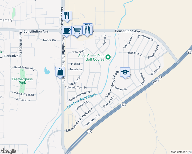 map of restaurants, bars, coffee shops, grocery stores, and more near 1875 Silver Meadow Circle in Colorado Springs