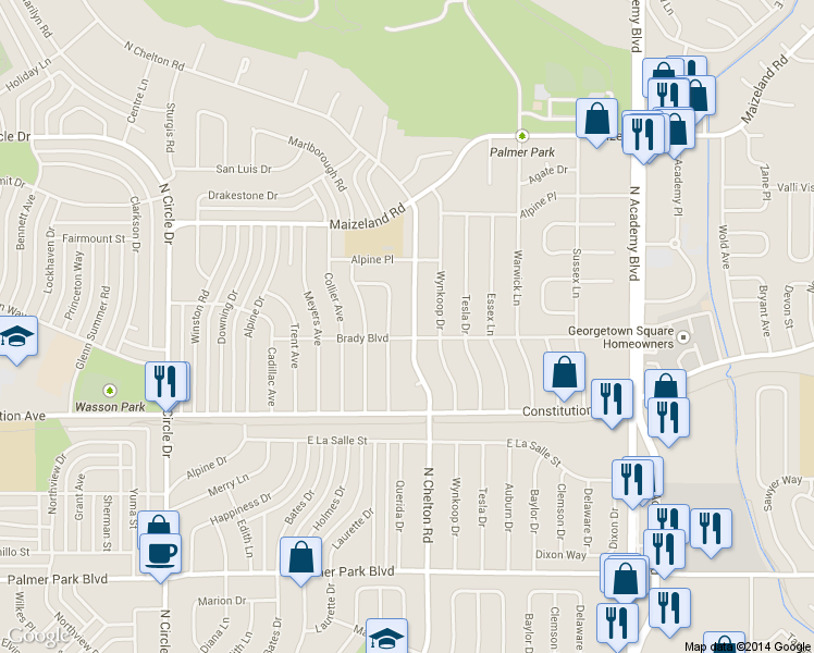 map of restaurants, bars, coffee shops, grocery stores, and more near 2008 North Chelton Road in Colorado Springs