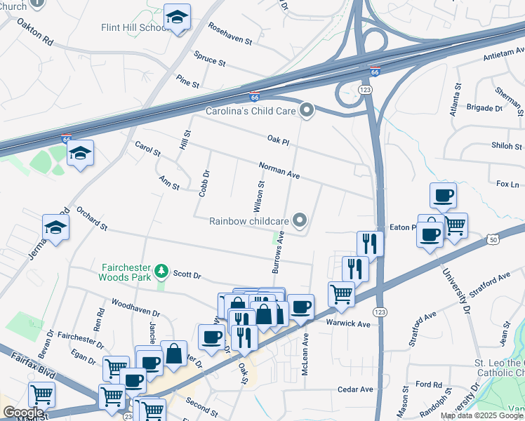 map of restaurants, bars, coffee shops, grocery stores, and more near 3511 Wilson Street in Fairfax