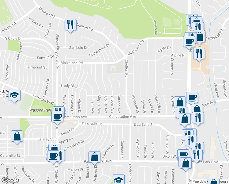 map of restaurants, bars, coffee shops, grocery stores, and more near 2005 Snyder Avenue in Colorado Springs