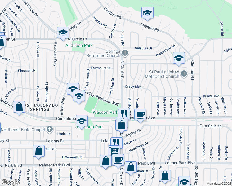 map of restaurants, bars, coffee shops, grocery stores, and more near 2119 Clarkson Circle in Colorado Springs