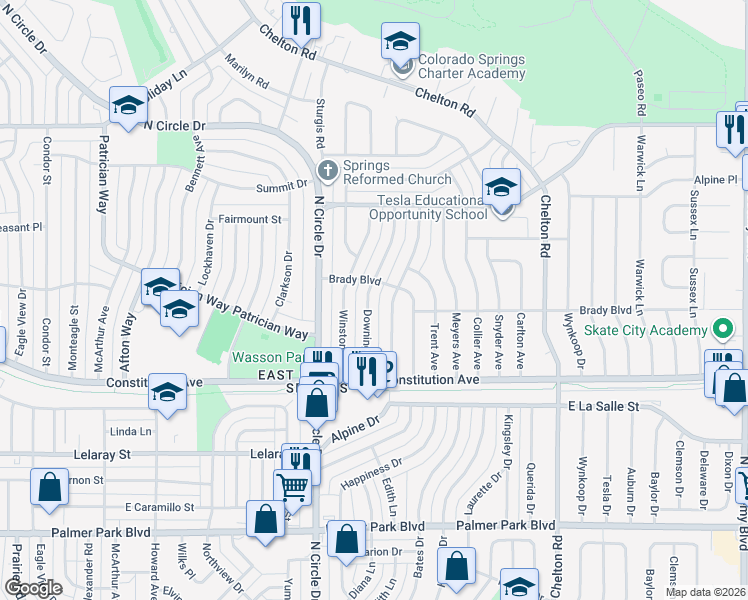map of restaurants, bars, coffee shops, grocery stores, and more near 2025 Downing Drive in Colorado Springs
