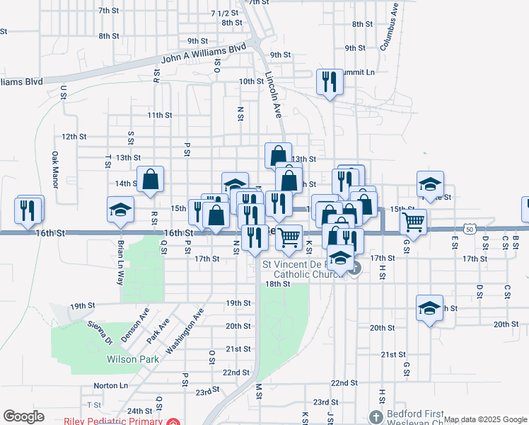 map of restaurants, bars, coffee shops, grocery stores, and more near 1224 15th Street in Bedford