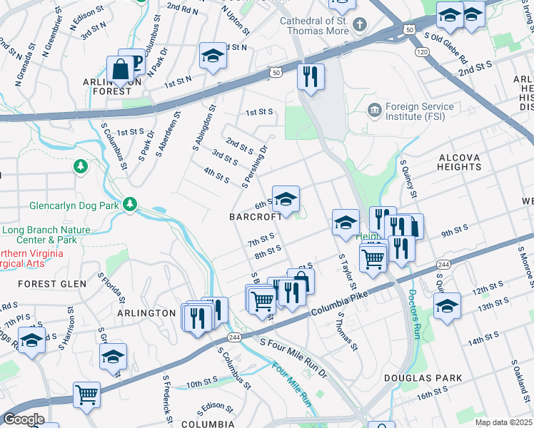 map of restaurants, bars, coffee shops, grocery stores, and more near 612 South Wakefield Street in Arlington