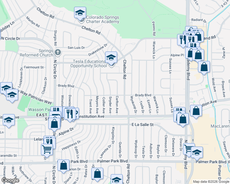 map of restaurants, bars, coffee shops, grocery stores, and more near 2005 Snyder Avenue in Colorado Springs