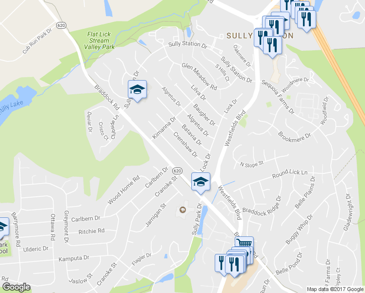 map of restaurants, bars, coffee shops, grocery stores, and more near 14703 Crenshaw Drive in Centreville