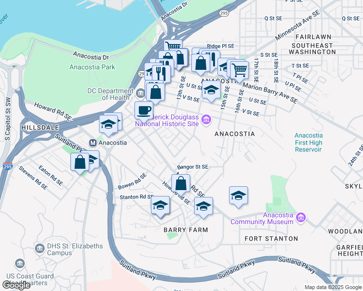 map of restaurants, bars, coffee shops, grocery stores, and more near 2325 High Street Southeast in Washington