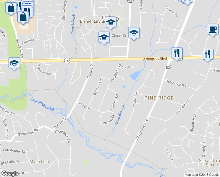 map of restaurants, bars, coffee shops, grocery stores, and more near 3129 Chichester Lane in Fairfax