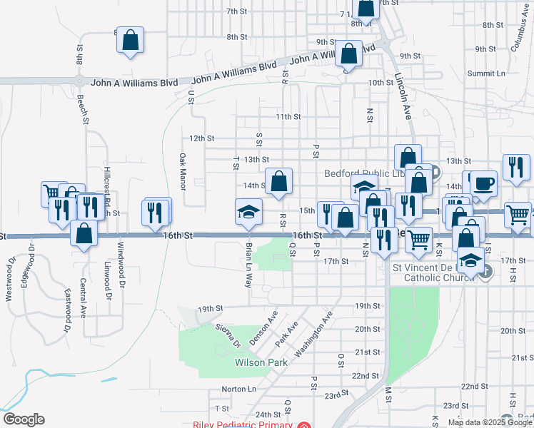 map of restaurants, bars, coffee shops, grocery stores, and more near 1820 15th Street in Bedford