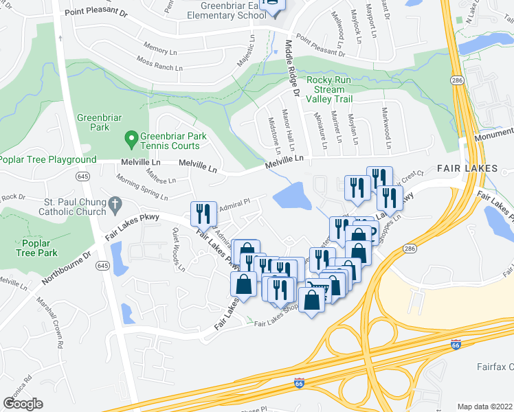 map of restaurants, bars, coffee shops, grocery stores, and more near 4536 Hummingbird Ln in Chantilly
