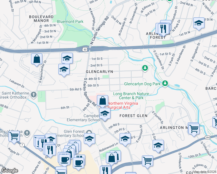 map of restaurants, bars, coffee shops, grocery stores, and more near 500 South Kensington Street in Arlington