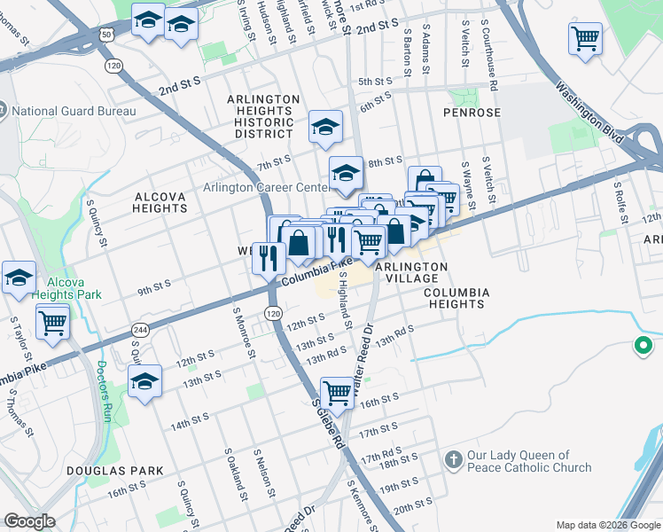 map of restaurants, bars, coffee shops, grocery stores, and more near Columbia Pike in Arlington