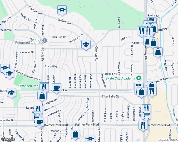 map of restaurants, bars, coffee shops, grocery stores, and more near 2006 Carlton Avenue in Colorado Springs