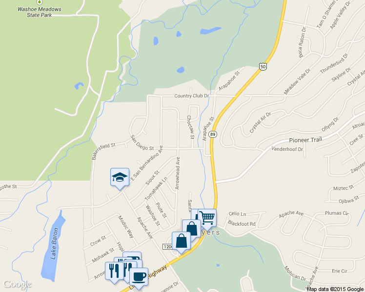 map of restaurants, bars, coffee shops, grocery stores, and more near 1695 Arrowhead Avenue in South Lake Tahoe