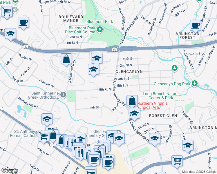 map of restaurants, bars, coffee shops, grocery stores, and more near 5911 5th Road South in Arlington
