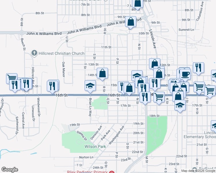 map of restaurants, bars, coffee shops, grocery stores, and more near 1708 15th Street in Bedford