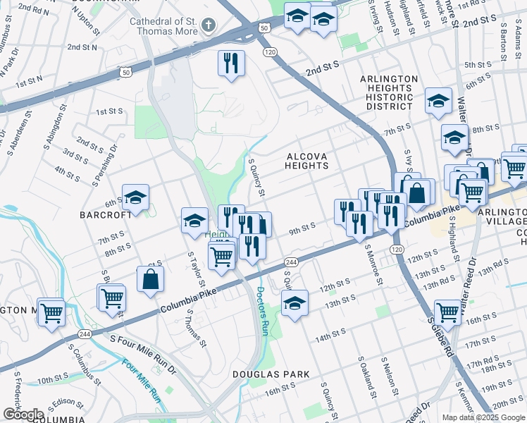 map of restaurants, bars, coffee shops, grocery stores, and more near 804 S Quincy St in Arlington