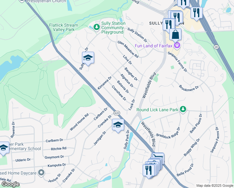map of restaurants, bars, coffee shops, grocery stores, and more near 14703 Crenshaw Drive in Centreville
