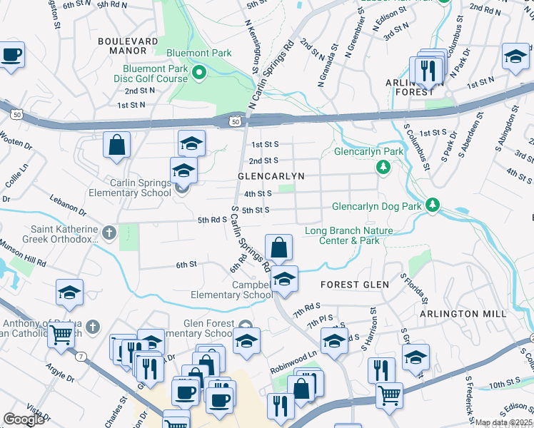 map of restaurants, bars, coffee shops, grocery stores, and more near 501 South Lexington Street in Arlington
