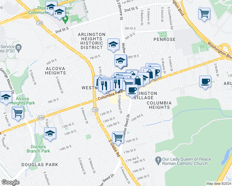 map of restaurants, bars, coffee shops, grocery stores, and more near Columbia Pike & S Highland St in Arlington
