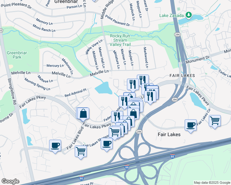 map of restaurants, bars, coffee shops, grocery stores, and more near 12882 Fair Valley Court in Fairfax