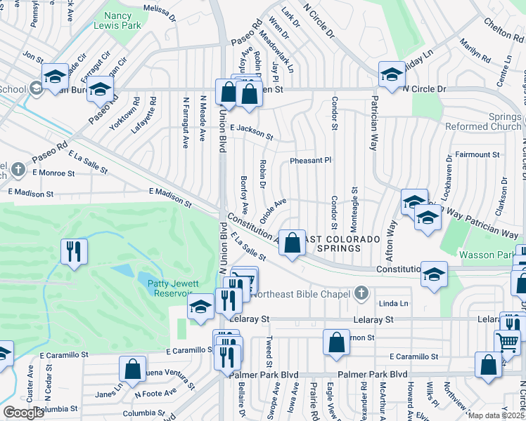 map of restaurants, bars, coffee shops, grocery stores, and more near 2120 Robin Drive in Colorado Springs