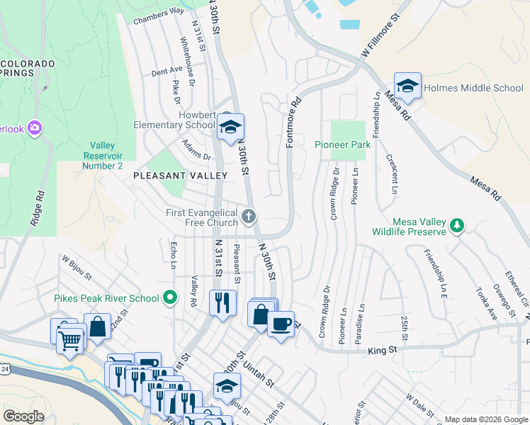 map of restaurants, bars, coffee shops, grocery stores, and more near 2924 Garden Hill Drive in Colorado Springs