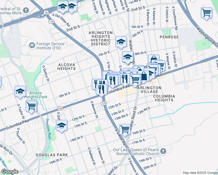 map of restaurants, bars, coffee shops, grocery stores, and more near 3241 Columbia Pike in Arlington