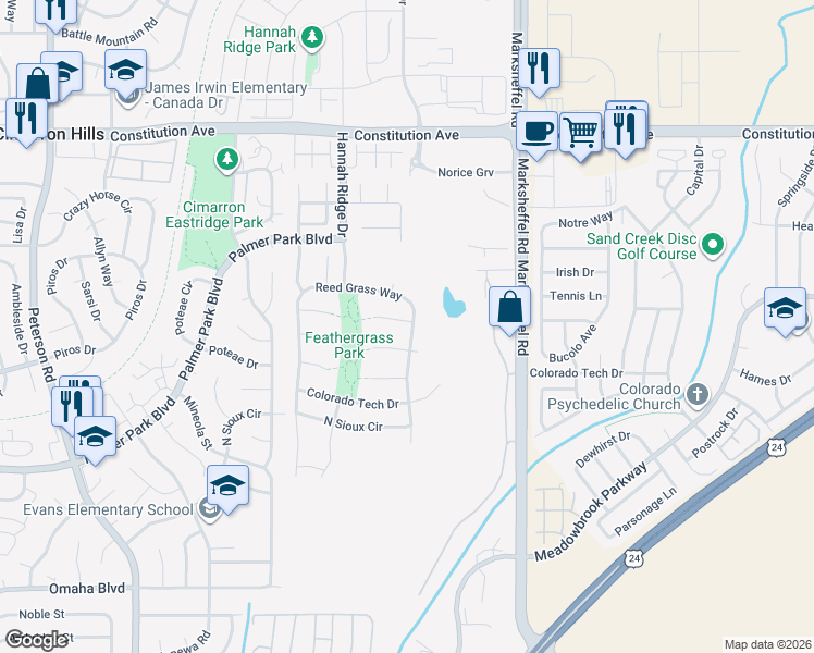 map of restaurants, bars, coffee shops, grocery stores, and more near 7557 Muhly Court in Colorado Springs