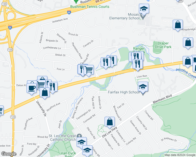 map of restaurants, bars, coffee shops, grocery stores, and more near 4490 Fairfax Boulevard in Fairfax