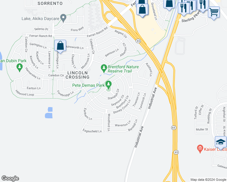 map of restaurants, bars, coffee shops, grocery stores, and more near 1323 Stansbury Circle in Lincoln