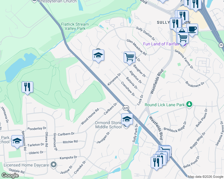 map of restaurants, bars, coffee shops, grocery stores, and more near 14722 Braddock Road in Centreville