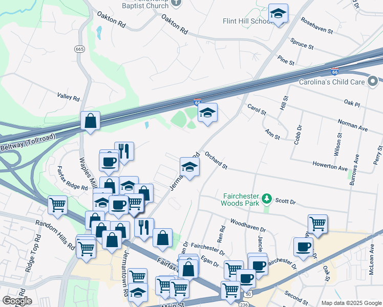 map of restaurants, bars, coffee shops, grocery stores, and more near 11108 Gainsborough Ct in Fairfax