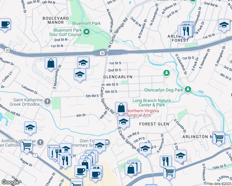 map of restaurants, bars, coffee shops, grocery stores, and more near 501 South Lexington Street in Arlington