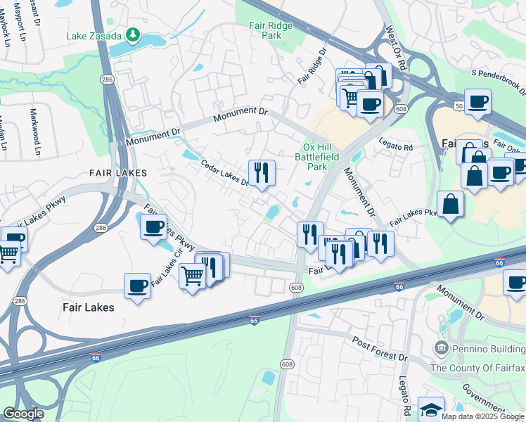 map of restaurants, bars, coffee shops, grocery stores, and more near 4330 Cannon Ridge Court in Fairfax