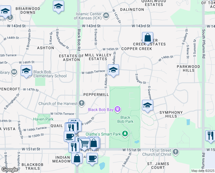 map of restaurants, bars, coffee shops, grocery stores, and more near 14705 South Alden Street in Olathe