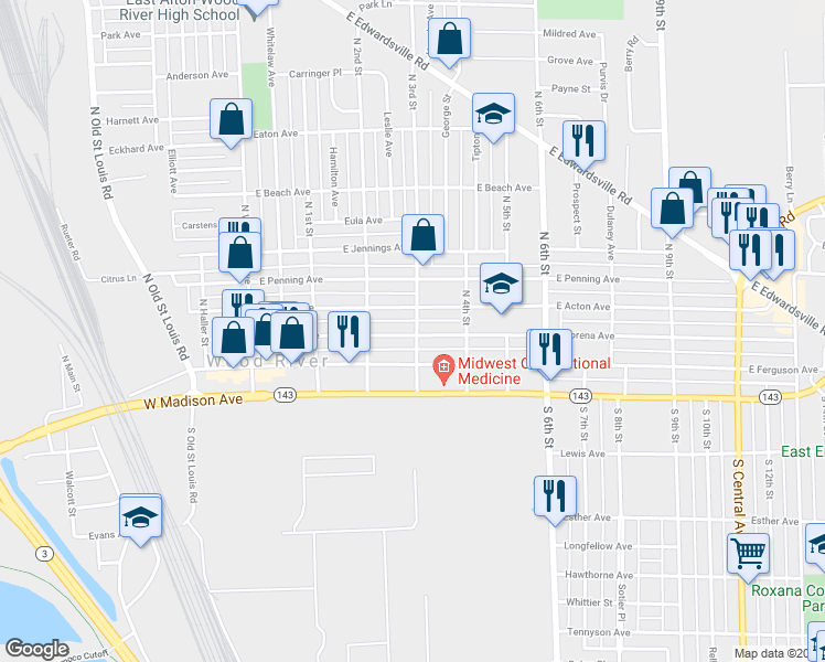 map of restaurants, bars, coffee shops, grocery stores, and more near 299 East Lorena Avenue in Wood River