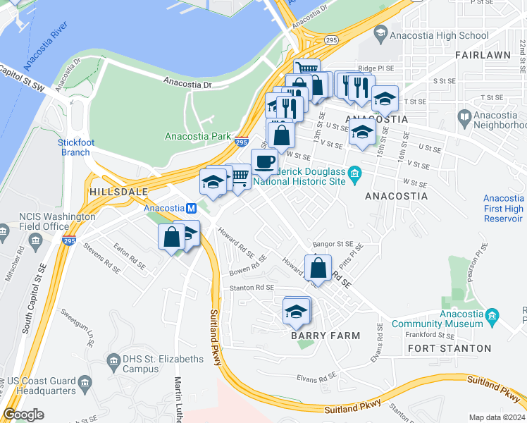 map of restaurants, bars, coffee shops, grocery stores, and more near 1262 Talbert Street Southeast in Washington