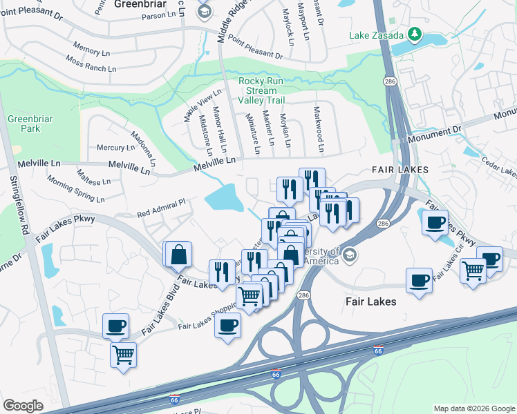 map of restaurants, bars, coffee shops, grocery stores, and more near 12877 Fair Valley Court in Fairfax