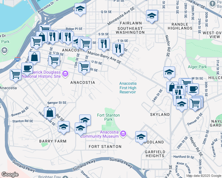 map of restaurants, bars, coffee shops, grocery stores, and more near 1778 West Street Southeast in Washington