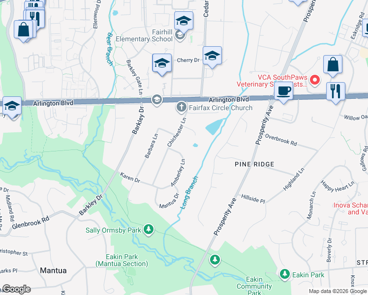 map of restaurants, bars, coffee shops, grocery stores, and more near 3205 Amberley Lane in Fairfax