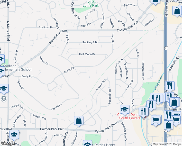 map of restaurants, bars, coffee shops, grocery stores, and more near 2011 Prong Horn Lane in Colorado Springs