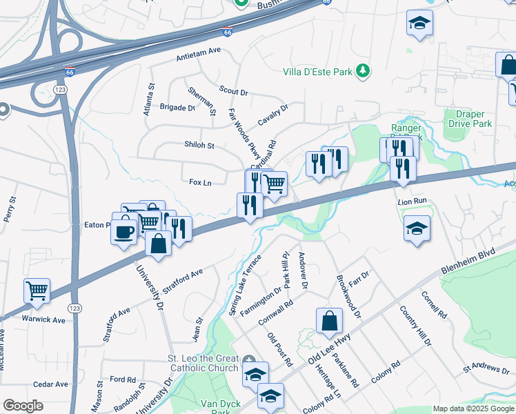 map of restaurants, bars, coffee shops, grocery stores, and more near 10140 Fairfax Boulevard in Fairfax