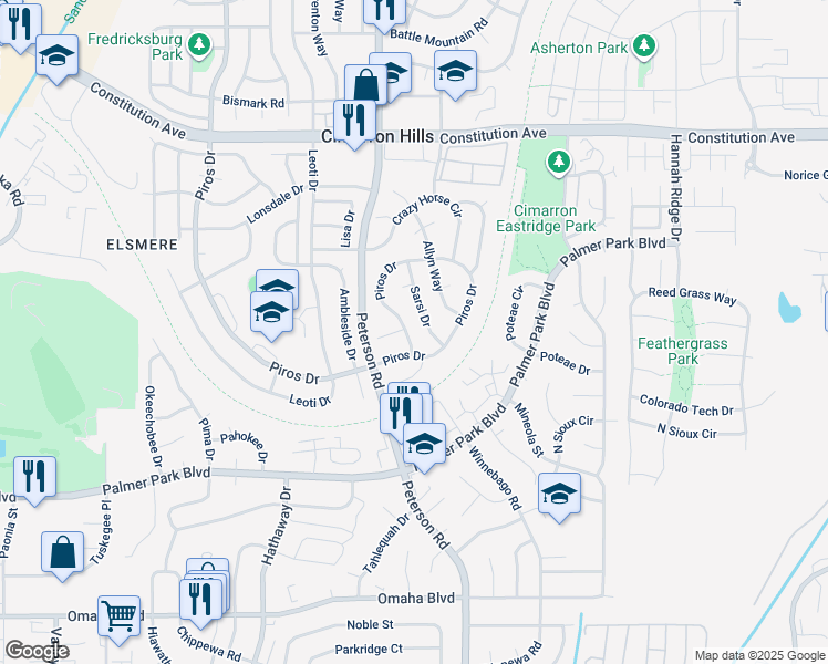 map of restaurants, bars, coffee shops, grocery stores, and more near 2520 Piros Drive in Colorado Springs
