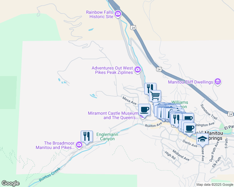 map of restaurants, bars, coffee shops, grocery stores, and more near Spruce Trail in Manitou Springs
