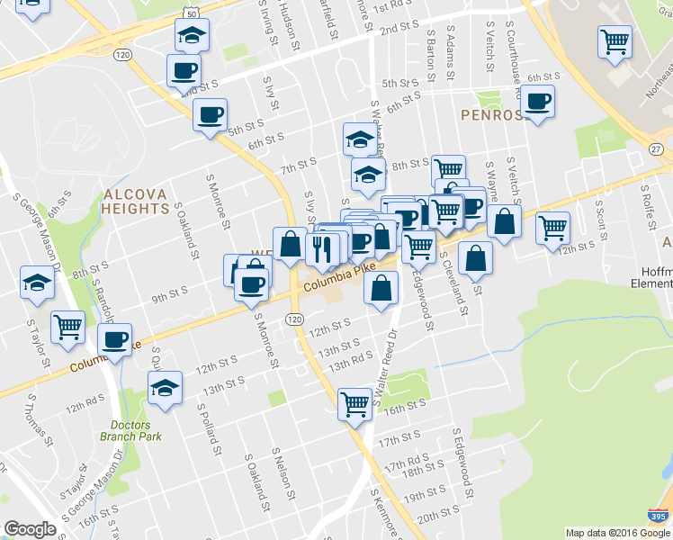 map of restaurants, bars, coffee shops, grocery stores, and more near 3201 Columbia Pike in Arlington