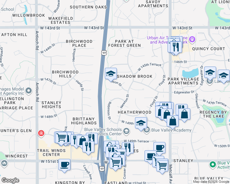 map of restaurants, bars, coffee shops, grocery stores, and more near 7817 West 147th Terrace in Overland Park