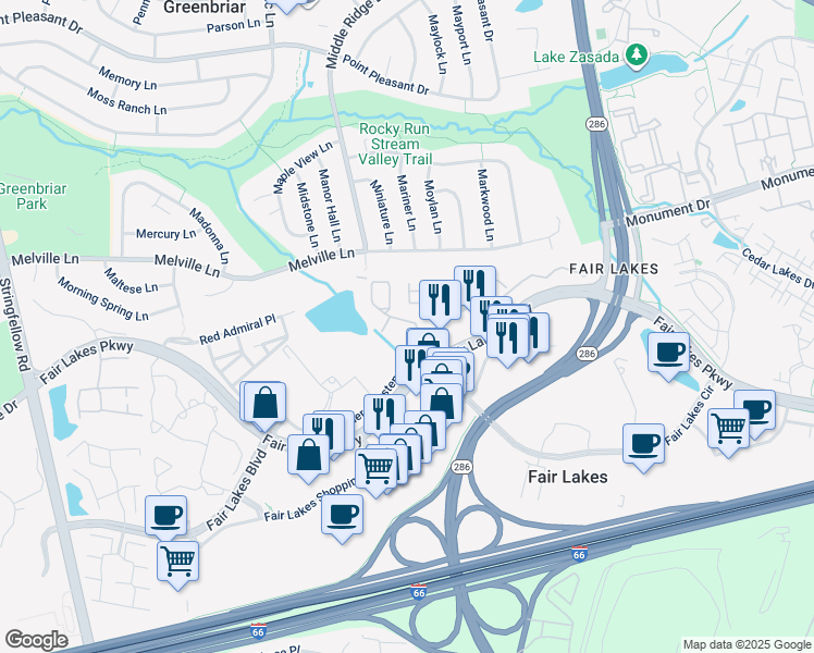 map of restaurants, bars, coffee shops, grocery stores, and more near 4604 Fair Valley Drive in Fairfax